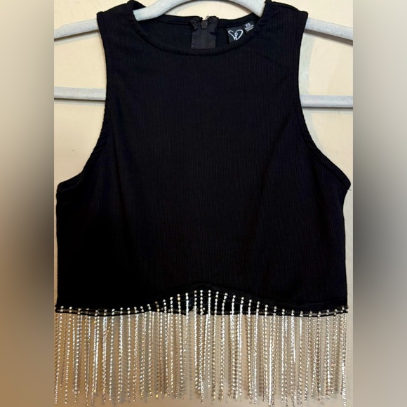 Windsor Tops - Windsor Black Sleeveless Tank Top with Silver Fringe size XS